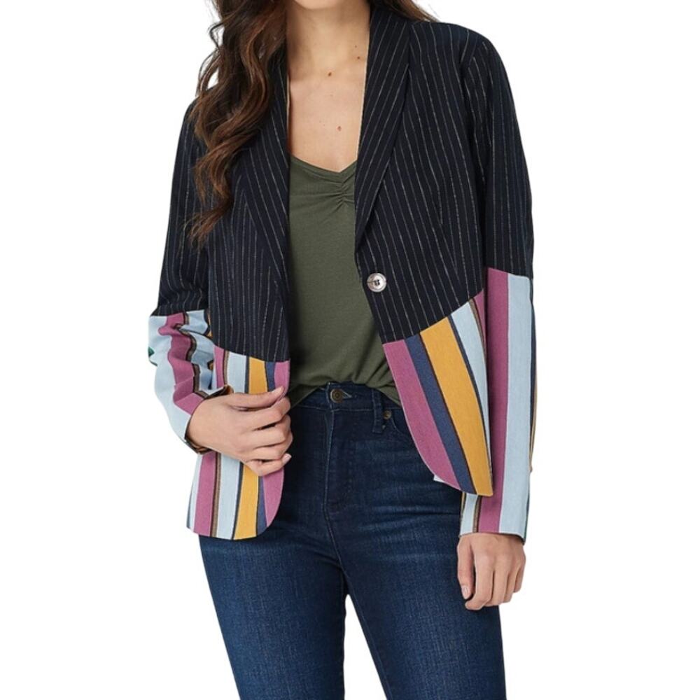 Laurie Felt Womens Navy Pinstriped Mixed Print Blazer 0